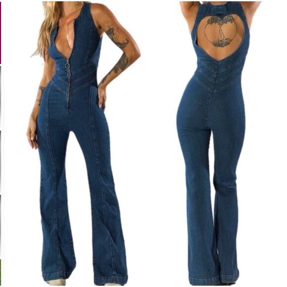 Revice Jumpsuit Womens Extra Small Hollywood Heartthrob Flare Denim Blue Retro - Picture 2 of 16